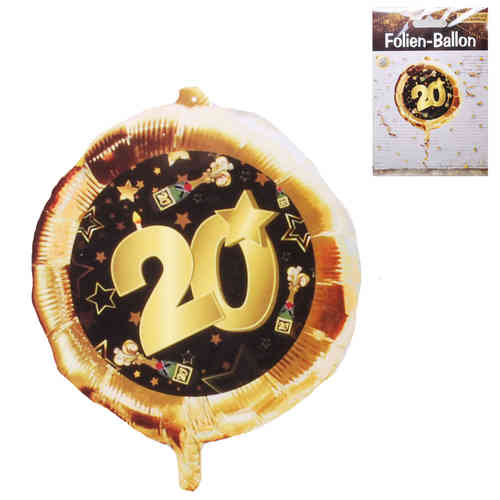 Folien Ballon Zahl 20, gold/schwarz