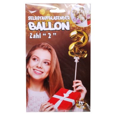 Ballon selbstaufblasend Zahl 2, gold