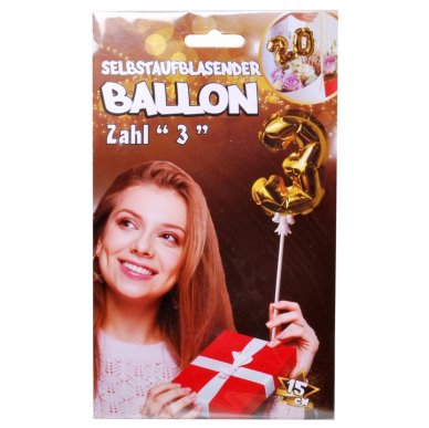 Ballon selbstaufblasend Zahl 3, gold