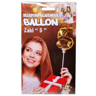 Ballon selbstaufblasend Zahl 5, gold