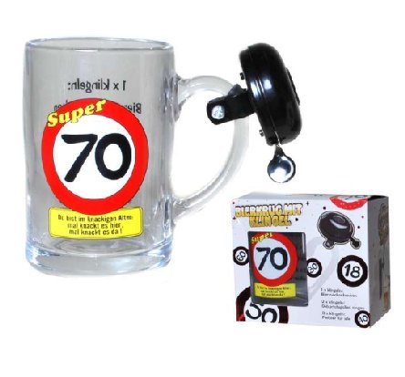 Bierkrug mit Klingel und Zahl 70
