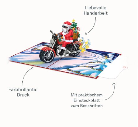 Weihnachtsmann auf Motorrad Pop-Up Karte Weihnachtsmann auf Motorrad Pop-Up Karte